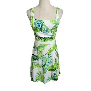 Lovers + Friends Green Leaf Print Mini Apron Dress